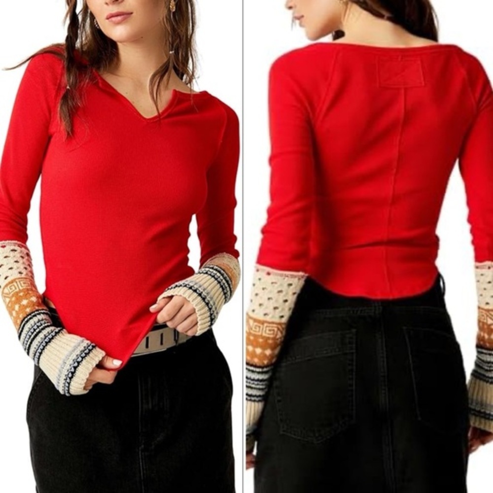 FREE PEOPLE COZY CRAFT CUFF THERMAL LONG SLEEVE TOP SIZE MED